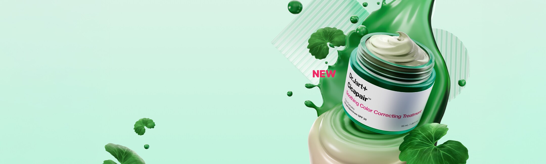 New cicapair soothing color correcting treatment spf 30 angled in front of a green texture flying through the air