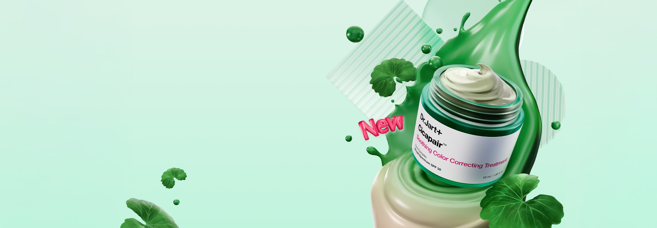 New cicapair soothing color correcting treatment spf 30 angled in front of a green texture flying through the air