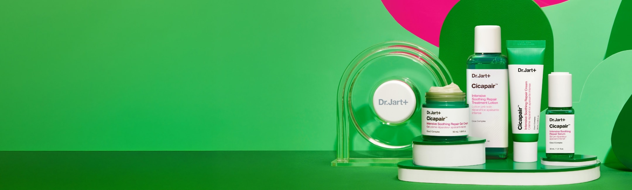 New cicapair soothing color correcting treatment spf 30 angled in front of a green texture flying through the air