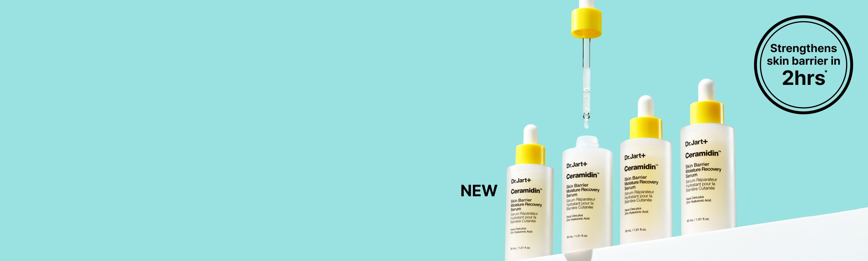 Lineup of new ceramidin serum with blue background