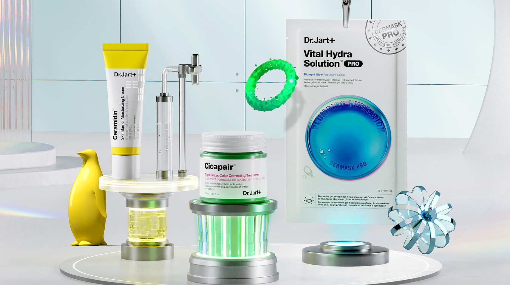 Dr. Jart bestsellers are balanced on different color podiums